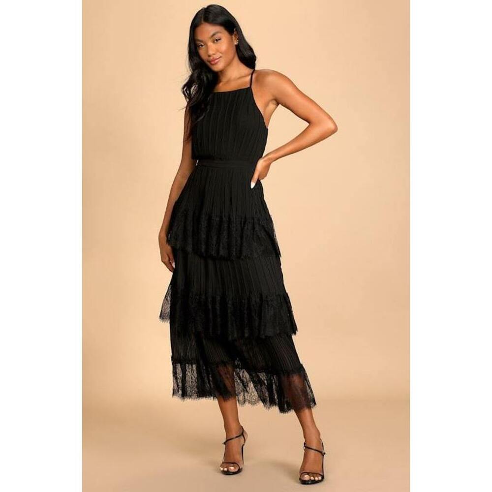 Lulus Came For Cocktails Black Pleated Tiered Lace Maxi Dress - Size XS